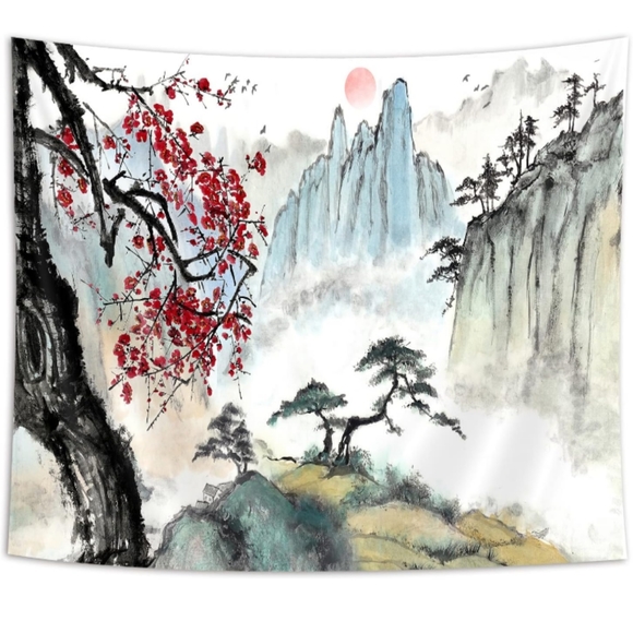 Big Japanese Mountain Scenery Cherry Trees Wall Tapestry Asian Nature Scene New - Picture 1 of 5